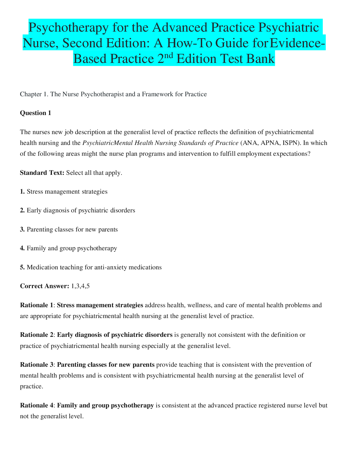 Preview image for Psychotherapy for the Advanced Practice Psychiatric Nurse, Second Edition: A How-To Guide forEvidenceBased Practice 2nd Edition Test Bank